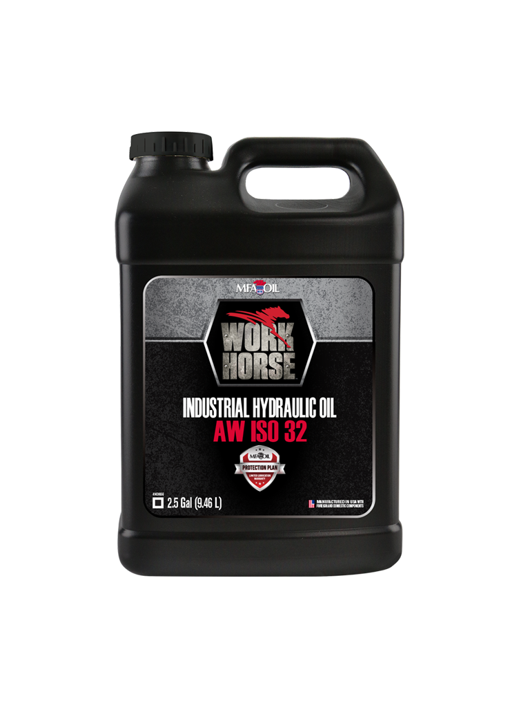 A black 2.5-gallon container of Work Horse Industrial Hydraulic Oil AW ISO 32 by Mav Oil, featuring a black and gray label with red and white text.