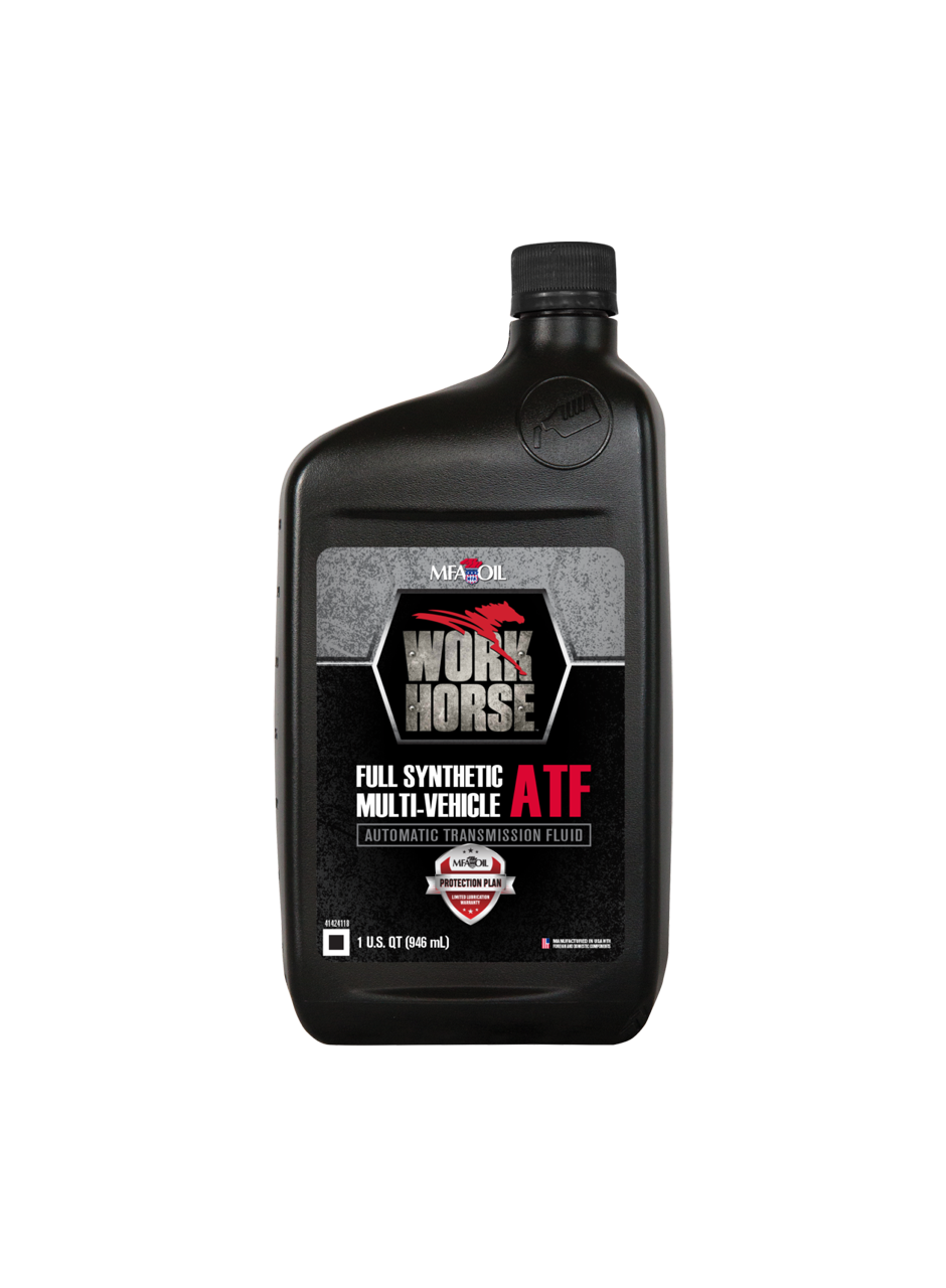A black bottle of MaxOil Work Horse full synthetic multi-vehicle ATF (automatic transmission fluid), 1 US quart (946 mL). The label includes a red and white design with brand and product details.