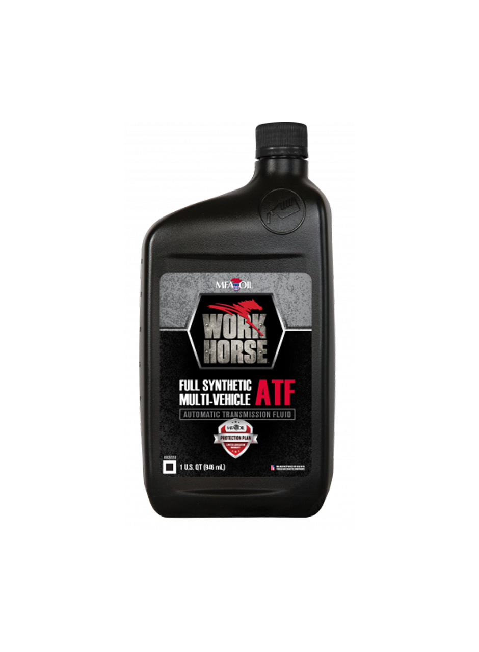 Black plastic bottle of Work Horse full synthetic multi-vehicle automatic transmission fluid (ATF). The label features a silver, gray, and red design with specifications and capacity of 1 US quart (946 mL).
