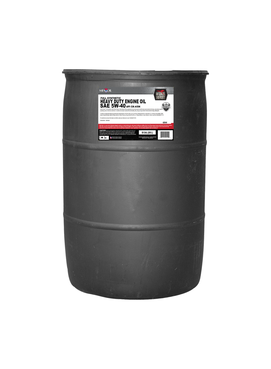 A large black barrel labeled with Heavy Duty Engine Oil SAE 5W-40. It features text and logos in black, red, and white. The barrel is plain with visible ridges and appears to be standing upright.
