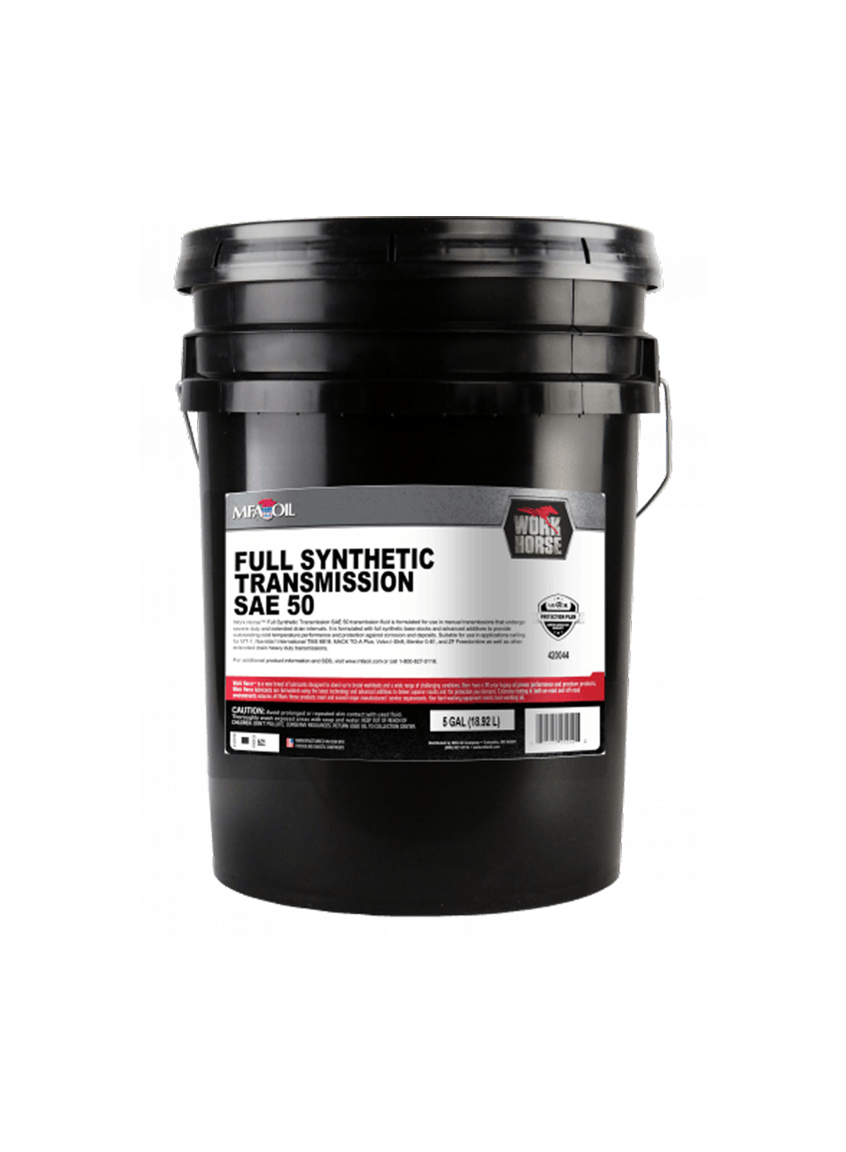 Image of a black 5-gallon bucket of MaxOil Full Synthetic Transmission SAE 50. The label features the words Work Horse with product details in white text. The bucket has a sturdy handle and is suitable for heavy-duty vehicle maintenance.