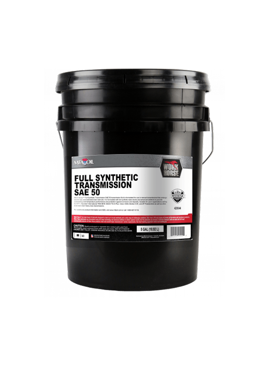 A black 5-gallon container with a label reading Full Synthetic Transmission SAE 50. The brand logo is visible at the top of the label.