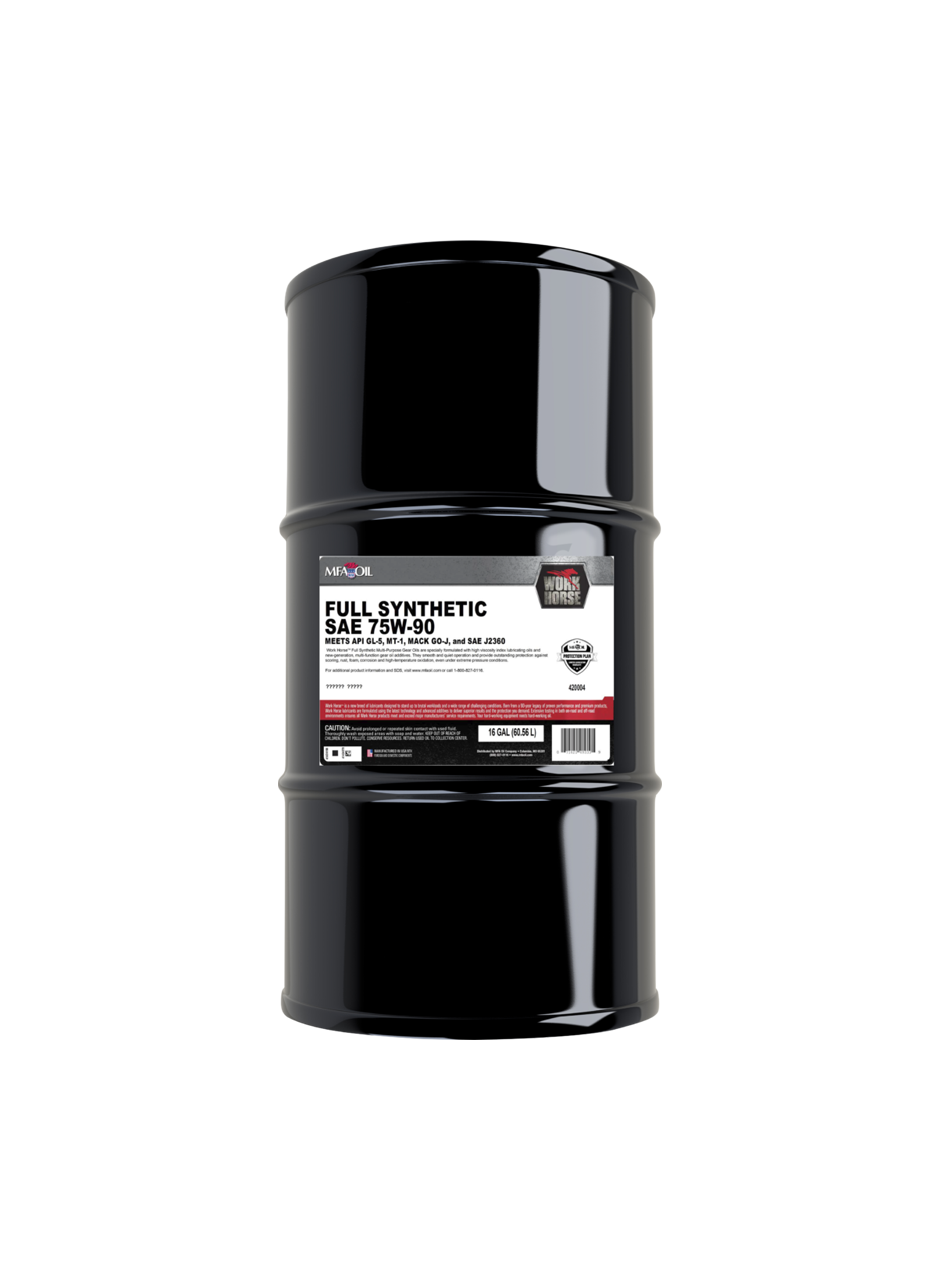 A large black barrel with a label reading Full Synthetic SAE 75W-90 and additional product details. The barrel has a glossy finish and is shown against a white background.