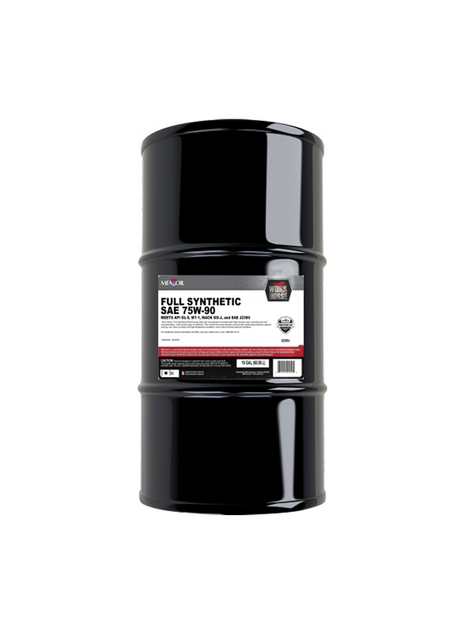 A black industrial barrel labeled Full Synthetic SAE 75W-90 is standing upright. The label includes red and white text detailing its specifications and features.