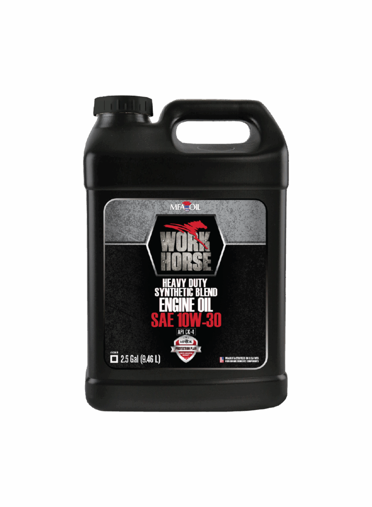 A black 2.5-gallon (9.46 L) container of Work Horse Heavy Duty Synthetic Blend Engine Oil, SAE 10W-30, with a black cap and a red, white, and gray label.