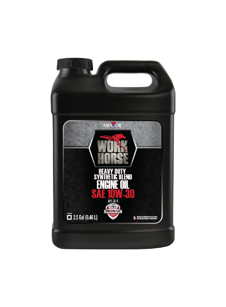 A black 2.5-gallon (9.46 L) container of Work Horse Heavy Duty Synthetic Blend Engine Oil, SAE 10W-30, with a black cap and a red, white, and gray label.