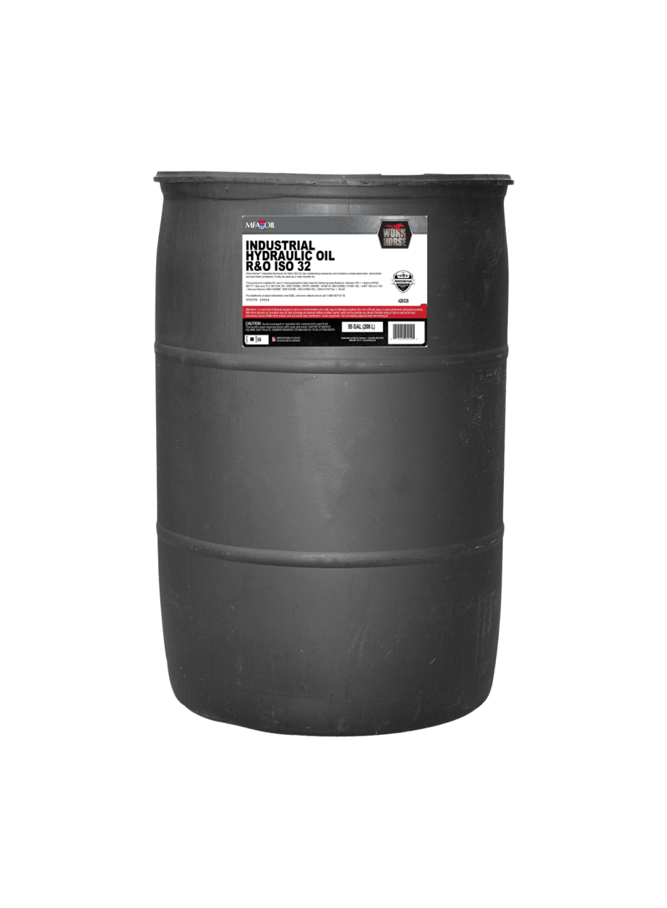 A large black industrial oil drum with a white and red label. The label has readable text showing product details, including the words Industrial Radio 32 and Oil. The drum appears to be made of metal and is cylindrical in shape.