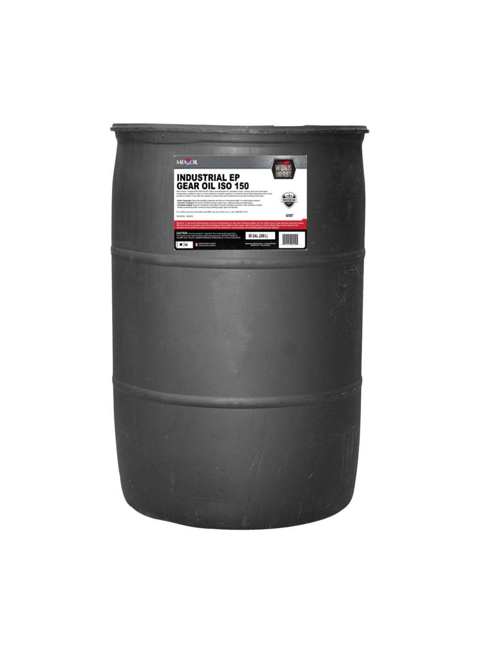 A large, black industrial barrel with a label that reads, Industrial EP Gear Oil ISO 150. The label includes detailed specifications and a red graphic. The barrel is plain and stands upright against a white background.
