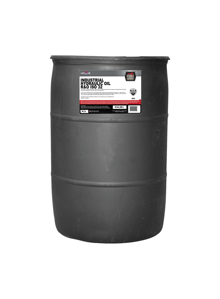 A large black industrial drum with a white and red label marked INDUSTRIAL R&O 150 32 OIL on its front, photographed against a plain white background.