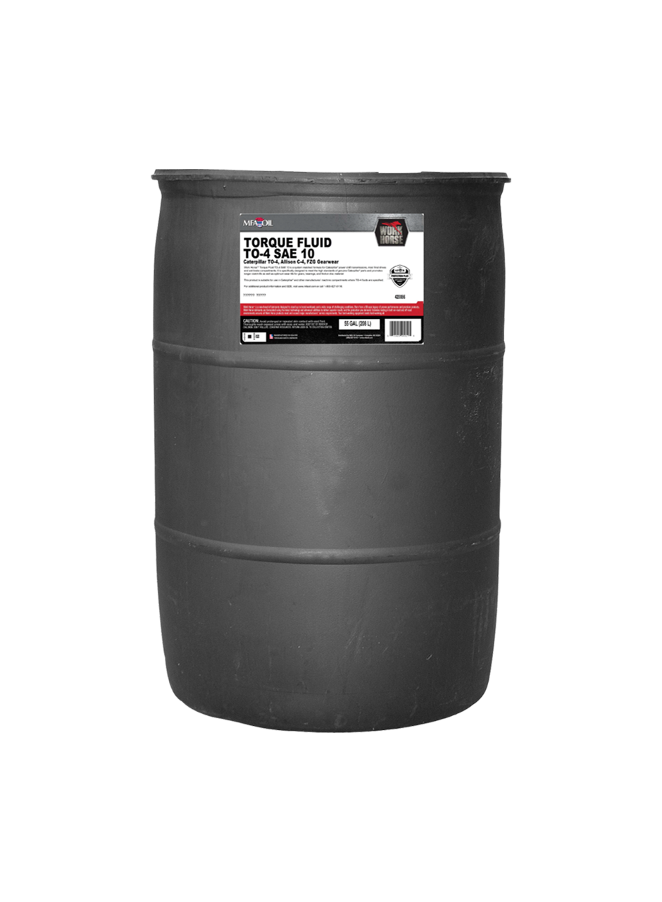 A large, gray barrel with a label indicating it contains torque fluid TQ4 SAE 10. The label includes brand logos and product information in black, red, and white colors.
