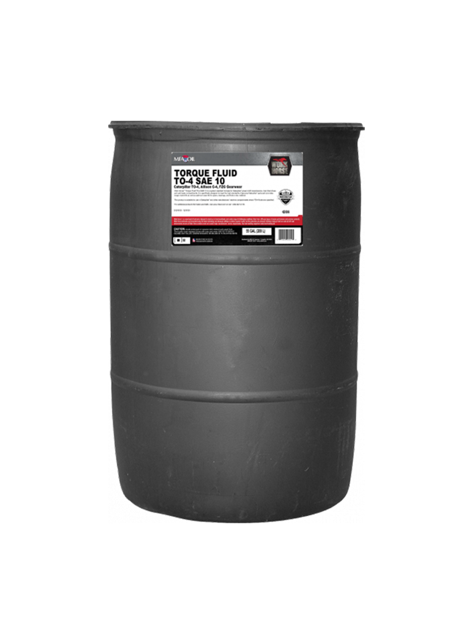 A large, black cylindrical barrel with a label for Torque Fluid TO-4 SAE 10. The label displays product information and logos. The barrel is positioned upright against a white background.