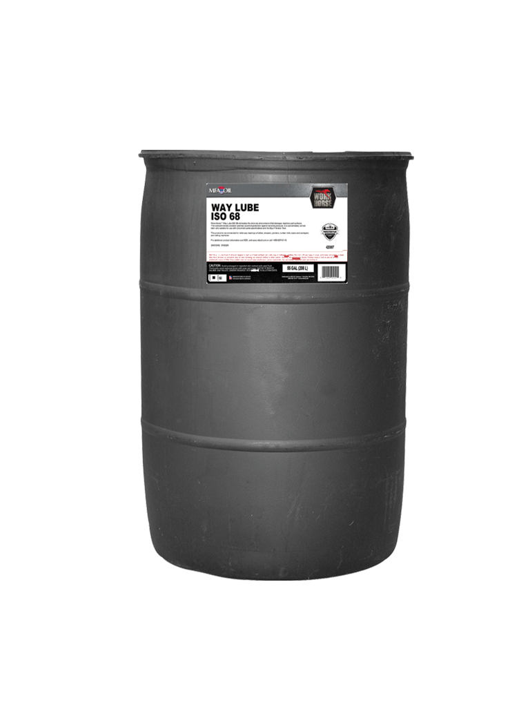 A large black industrial drum with a white label reading WAY LUBE ISO 68 and product details on the front, set against a plain white background.