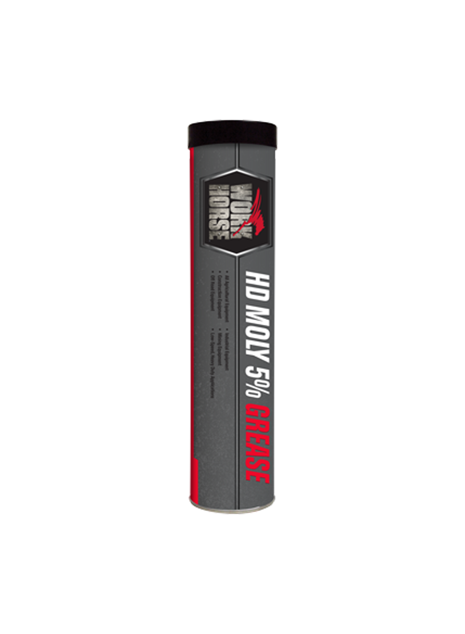 Work Horsegray and red container labeled Work Horse HD Moly 5% Grease, perfect for those in search of reliable greases.