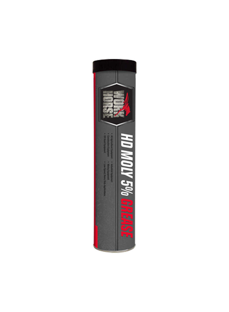 A tall cylindrical tube with a gray label featuring the text HD MOLY 5% GREASE in white and red capital letters. The logo at the top depicts a horse with the words IRON HORSE above it. The cap is black.