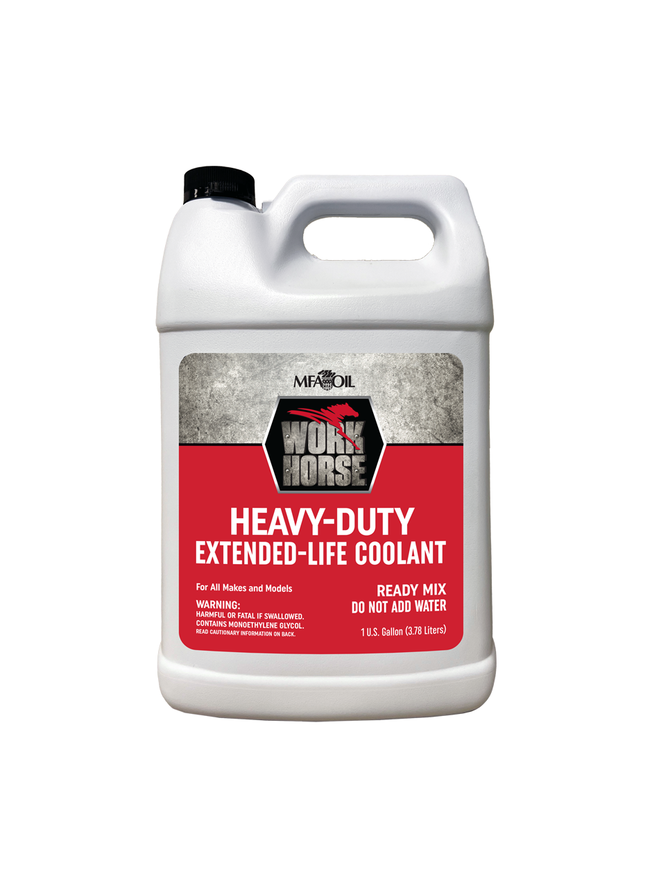 A 1-gallon white container of MFA Oil Work Horse Heavy-Duty Extended-Life Coolant with a black cap and a red label that reads Ready Mix, Do Not Add Water.