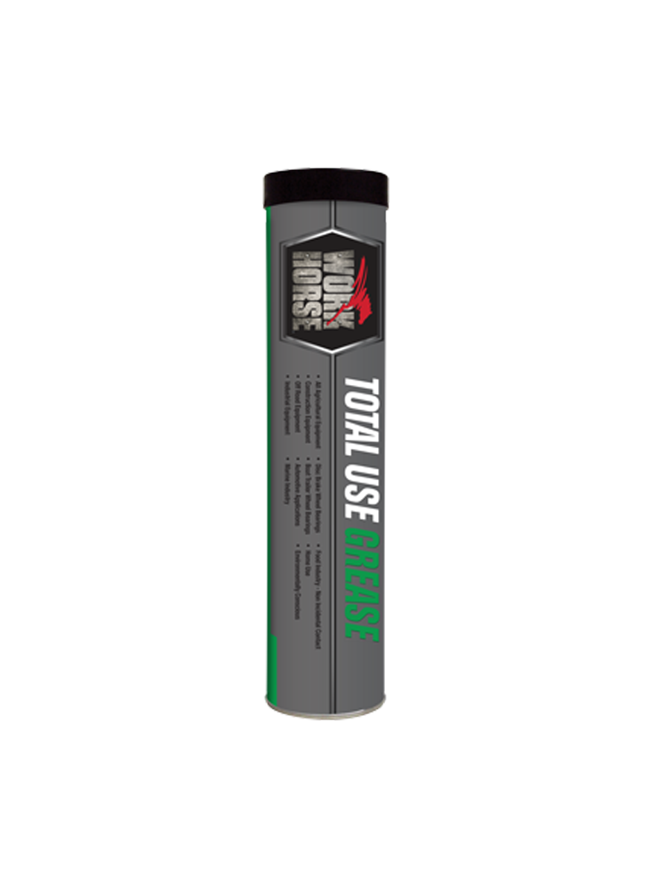 Work Horse Total Use Grease in white and green text features a black top. Boldly, Work Horse sits near the top beneath a red icon, epitomizing the reliability of greases for all applications.