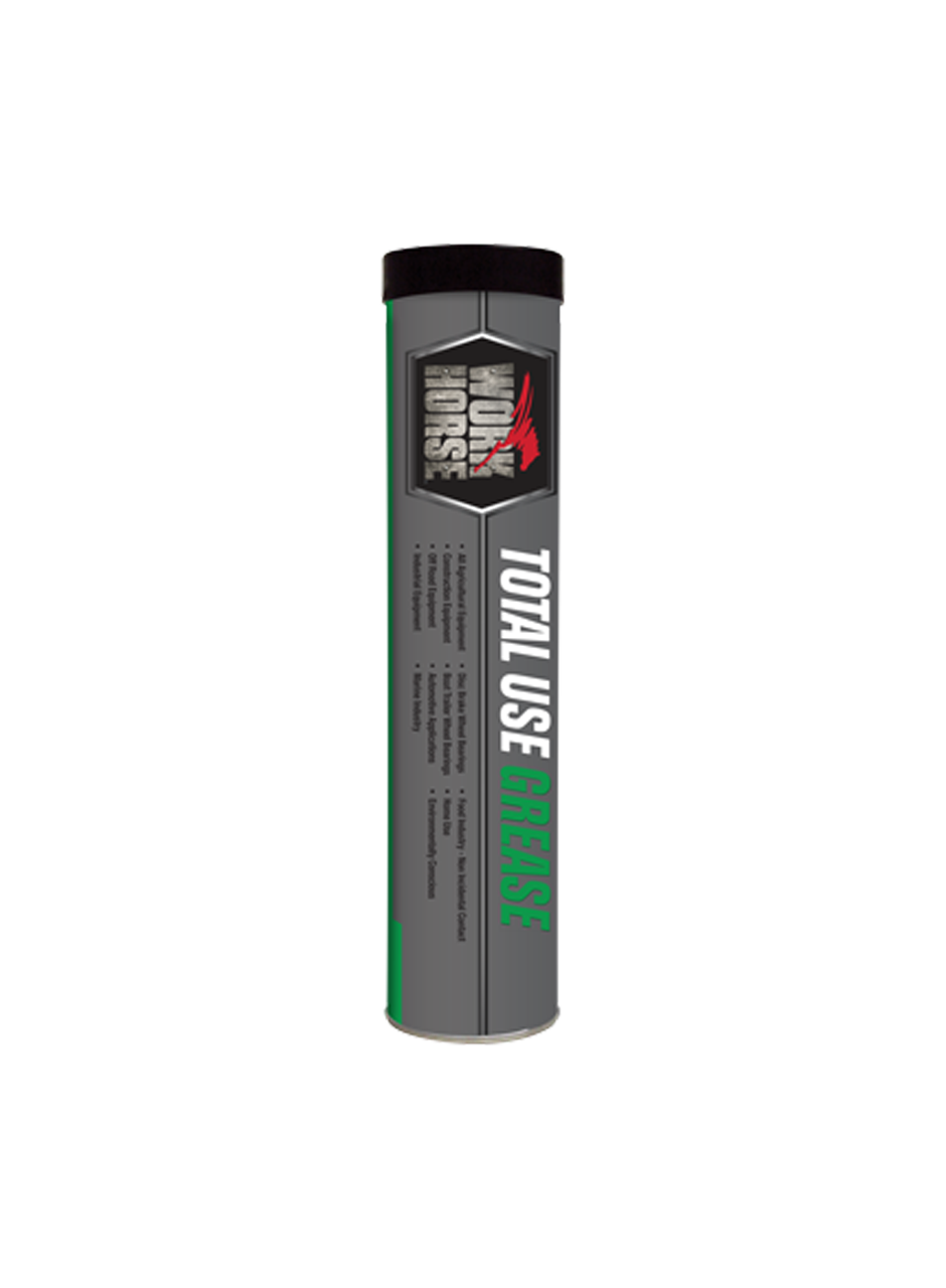 A gray tube labeled Total Use Grease with black and green accents. The top is black, and theres a red and white logo at the upper part of the tube.