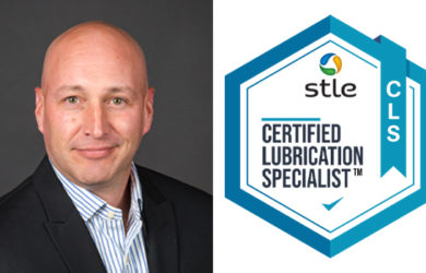 A bald man in a dark blazer and striped shirt stands against a gray background. Beside him is a logo for STLE Certified Lubrication Specialist (CLS) with a geometric design in blue and white.