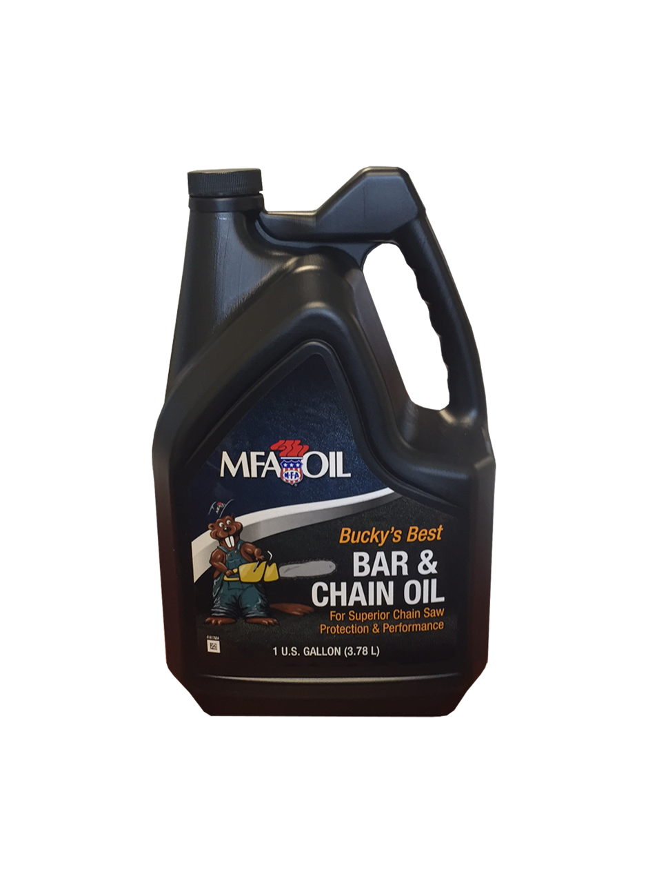 A black 1-gallon container of MFA Oils Buckys Best Bar & Chain Oil designed for chainsaw protection and performance. The label includes a cartoon of a chainsaw-wielding beaver.