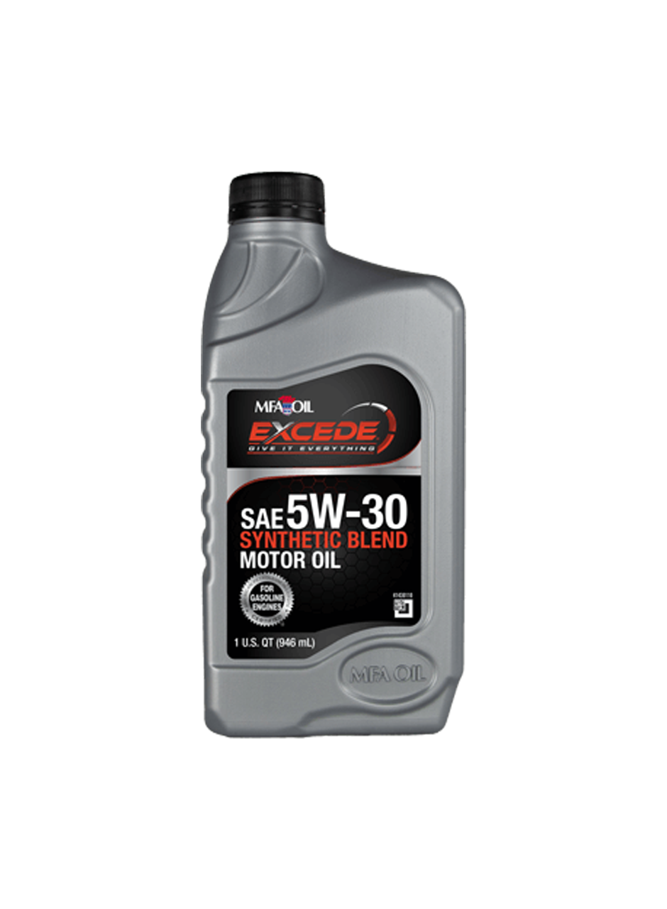 A gray plastic bottle of MFA Oil Excede high mileage 5W-30 synthetic blend motor oil. The label highlights SAE 5W-30 and For High Mileage Engines with a capacity of 1 US quart (946 mL).