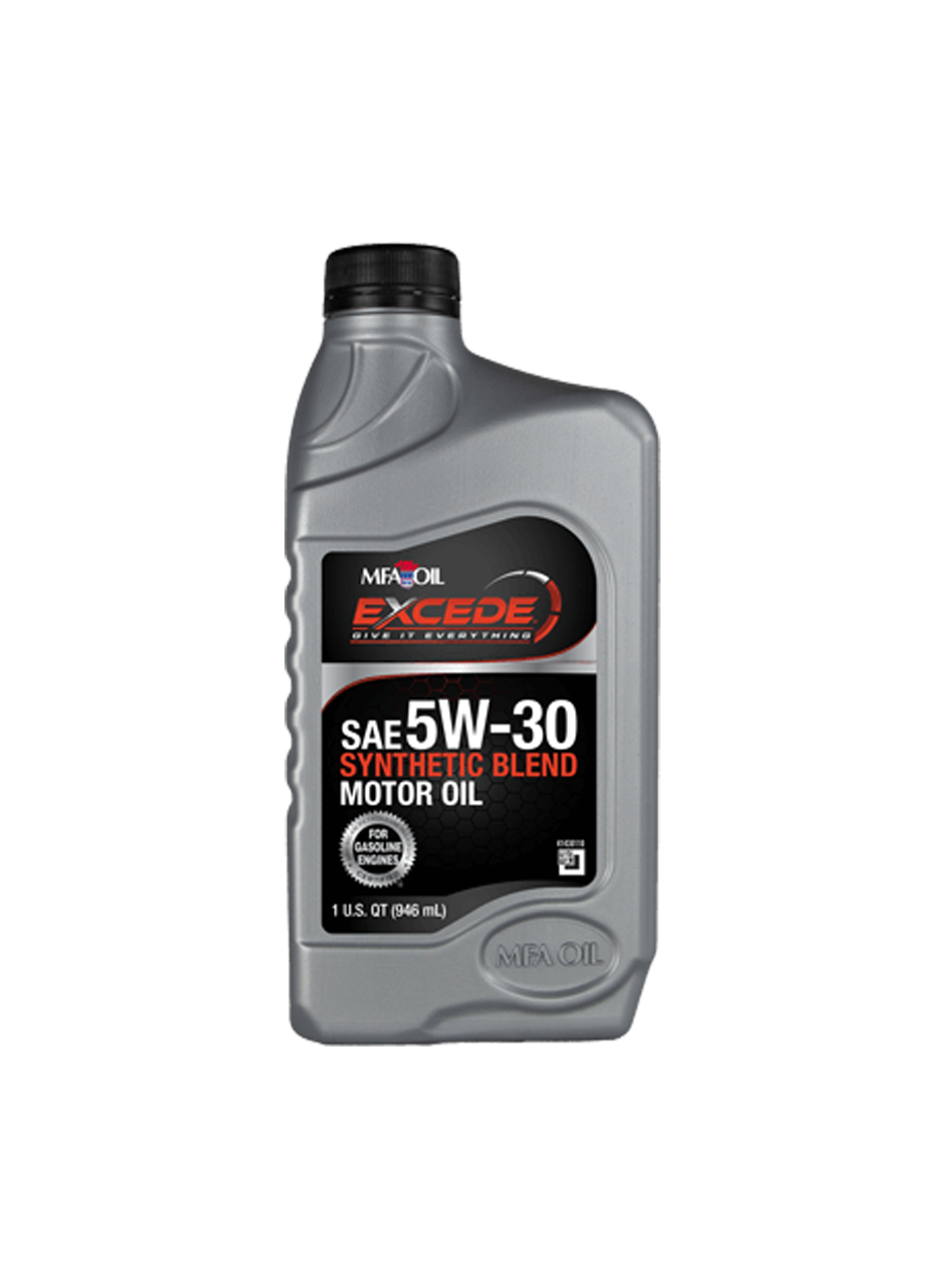 Gray plastic bottle of MFA Oils Excede 5W-30 synthetic blend motor oil. The label features red, black, and white text, indicating its suitable for modern engines. The bottle contains 1 US quart (946 mL).