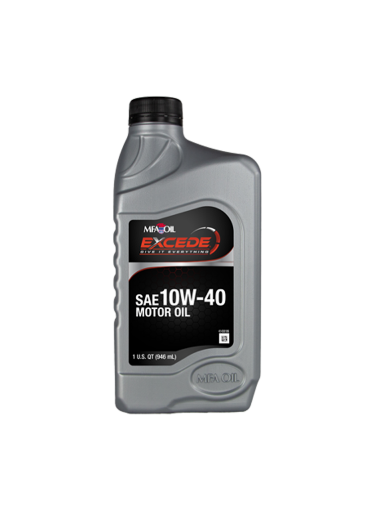 A gray 1-quart bottle of MegaOil Excede motor oil with a black cap. The label reads SAE 10W-40 Motor Oil and 1 U.S. QT (946 mL) with a black and red design.