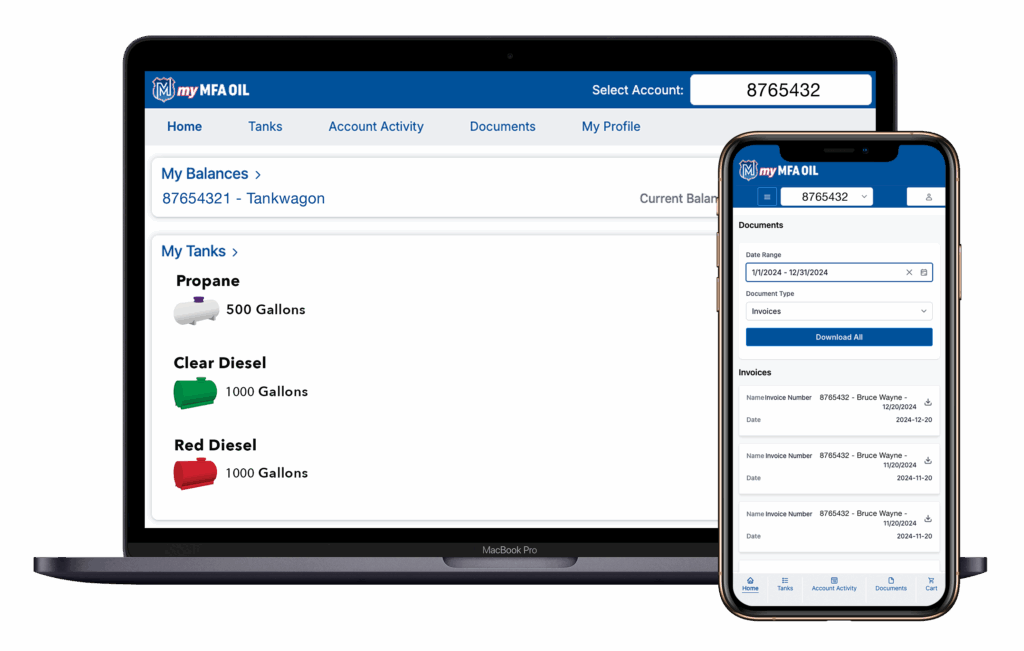 A laptop and smartphone display the myMFA Oil app, showing tank balances and document details for different fuel types: propane, clear diesel, and red diesel. The screens have blue and white interfaces with icons and text.