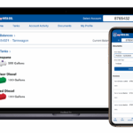 A laptop and smartphone display the myMFA Oil account interface, showing tank balances for propane, clear diesel, and red diesel, and order documents. The login account number 8765432 is visible on both screens.