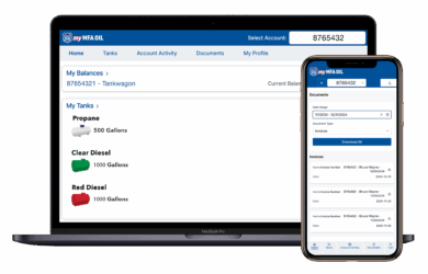 A laptop and smartphone display the myMFA Oil account interface, showing tank balances for propane, clear diesel, and red diesel, and order documents. The login account number 8765432 is visible on both screens.
