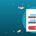An illustration shows a fishing hook catching a login form labeled USERNAME and PASSWORD with small fish swimming around. The background is blue, and the form has a red CLICK button, symbolizing a phishing attempt.