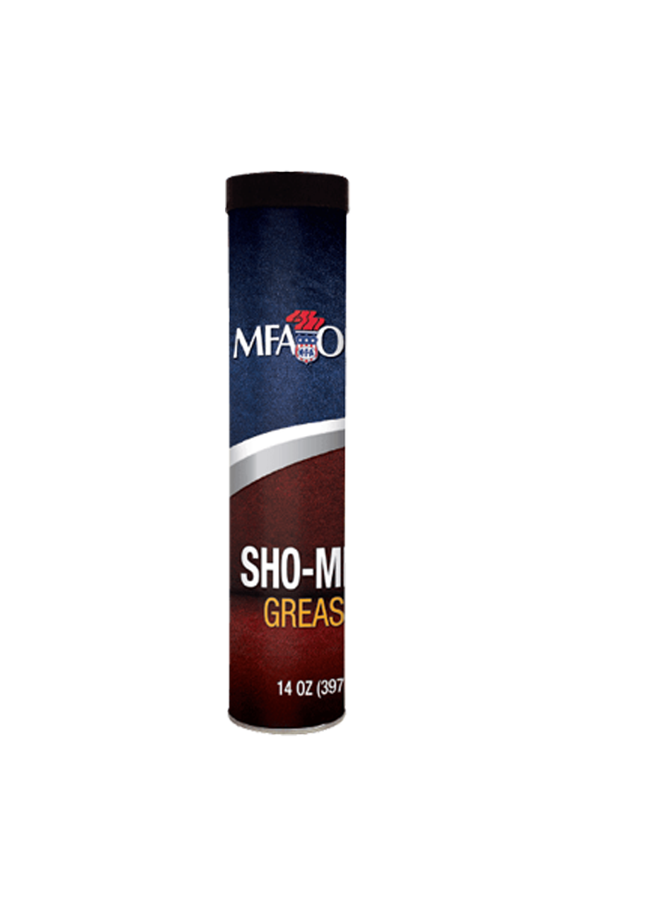 The cylindrical container of MFA Oil Sho-Mix grease flaunts a sleek, dark blue and red design. Bold white text reads SHO-MIX GREASE and 14 OZ (397g) on the label, making it a sturdy choice for all your greases needs.