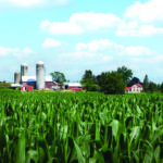 A lush green cornfield stretches across the foreground, with a distant view of silos, barns, and a farmhouse. The sky is blue with scattered clouds, creating a serene, rural landscape.