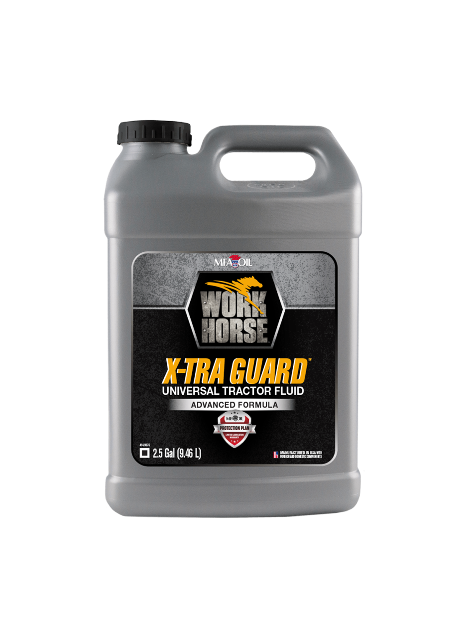 Gray plastic jug labeled Work Horse X-TRA GUARD Universal Tractor Fluid with Advanced Formula and 2.5 Gal (9.46 L). It features a black cap and a logo with red and white colors.
